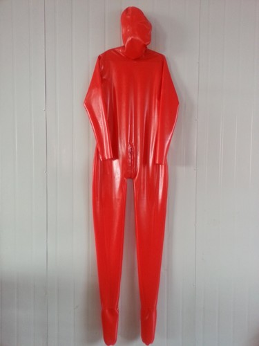 New 100% Latex Rubber Cosplay Party Bodysuit Tights Catsuit Red Mask Suit