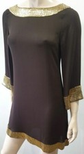 ALICE & OLIVIA Brown Silk Stretch Gold Sequin Trim Kaftan Style Short Mini Dress
