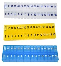 31 Day Pill Organizer 3 Pack Yellow/Blue/Clear w/Removable Lid for Easy Loading