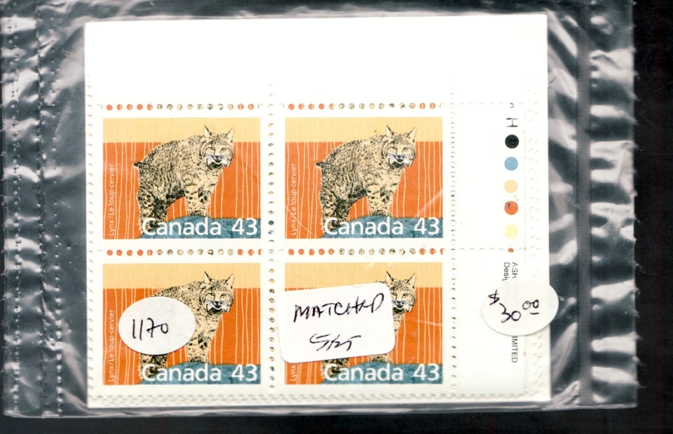 1988 - Sc#1170 Wildlife Mammals : 43¢ Lynx - Matched P.O. set of blocks Cv$30 - Image 2 of 2