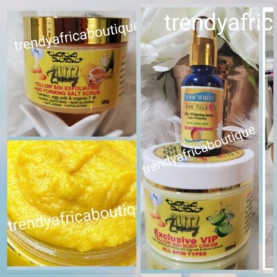3pcs  Glitzluxury YELLOW SISI BODY CREAM, Tumeric Salt Scrub, Egg Yolk SERUM  