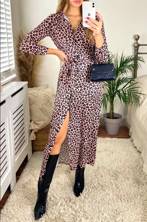 Leopard print shirt maxi cheap dress