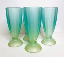 Set 4 Libby Frosted Teal Green Footed Parfait Ice Cream Sundae Dessert Glasses