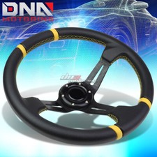350mm Black Yellow 3.5 Deep Dish Racing Steering Wheel Fit 70mm 6-bolt Adapter