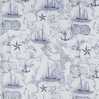 Sea Ocean Ship Chart Map Fabric Nautical Navy Blue on White Cotton Fabric t9/2