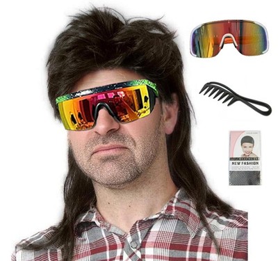 Lotfon Men's 80s Mullet Wig Set, Retro Rocker Costume for 22.8 Inch, 4-Black