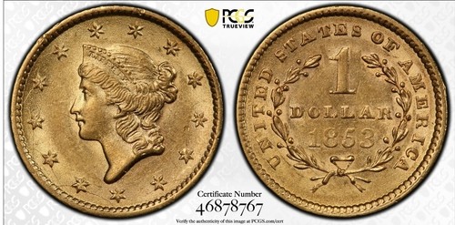 1853 Gold One Dollar Liberty $1 Type I PCGS AU58 