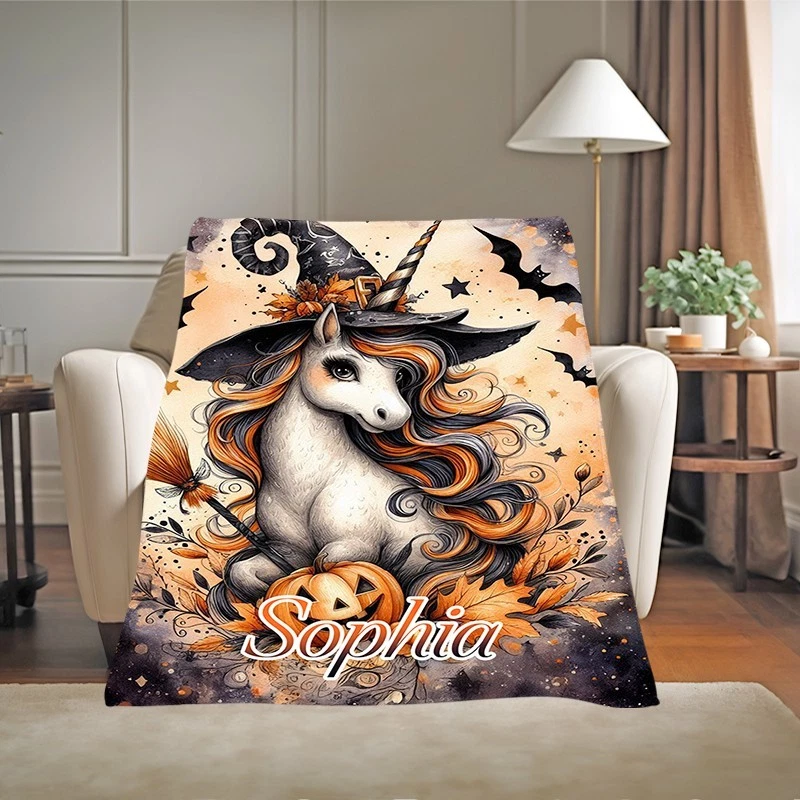 Halloween Unicorn Blanket Custom Name, Personalized Pumpkin Witch Throw Gift