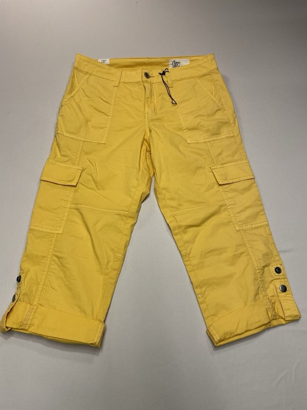 Cosmic Blue Love Women's Yellow Cargo Pants Straight Leg Button Accent Petite