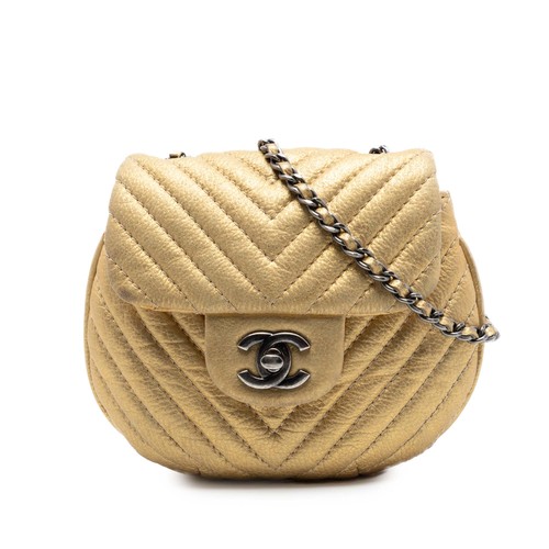 Chanel CC Chevron Metallic Aged Calfskin Bubble Flap Crossbody Bag Gold