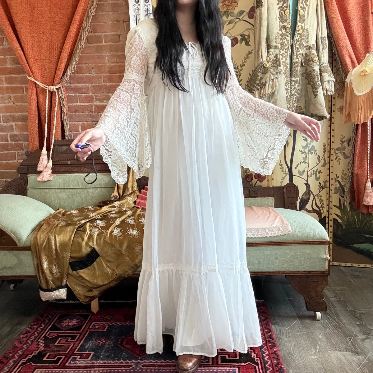 ebay boho dresses Free People Bohemian Billowy Ethereal Floral Golden Hour Maxi Dress Ivory XL