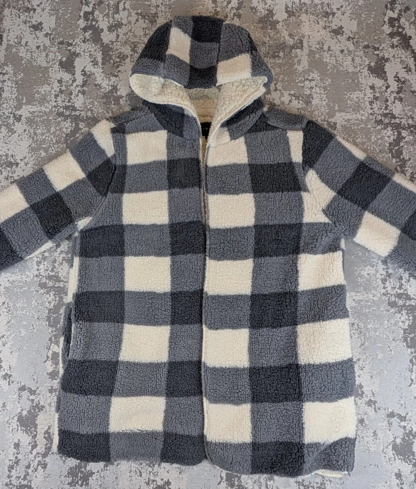 Timing Women's Large Cardigan Hoodie Sherpa Fleece Lined Gray White Checkerboard - Image 2 of 4