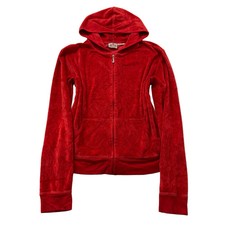 Juicy Couture Women's Red Velour Full Zip Hoodie Loungewear Pockets Y2K Size M
