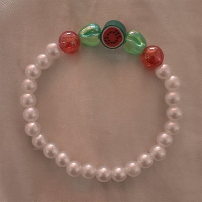 White Beaded Stretch Bracelet Red & Green Round Plastic Beads Watermelon Fruit