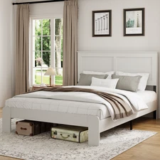 Full/Queen Size Bed Frame Wood Platform Bed with Headboard for Bedroom White