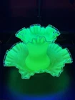 Fenton Ivory Crest Ruffled Uranium Glass Vase & 10" Bowl