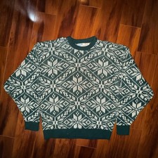 Vintage 80s A ropostale Wool Nordic Snowflake Sweater Green White Made in USA XL