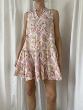 Nine West Tropical Leaf Print Sleeveless Tiered Frill Drop Hem Mini Shirt Dress