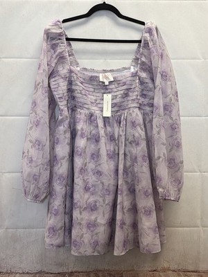 Audrey Parks Francesca s Purple Floral Dress Long Sleeve Smocked XL NWT