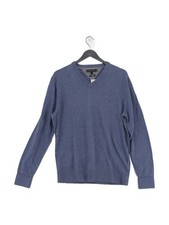 Tommy Hilfiger Men's Jumper L Blue Cotton with Cashmere V-Neck Pullover