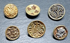 6 ANTIQUE ROUND METAL SHANK BUTTONS WITH FLORAL FLOWER DESIGNS I744