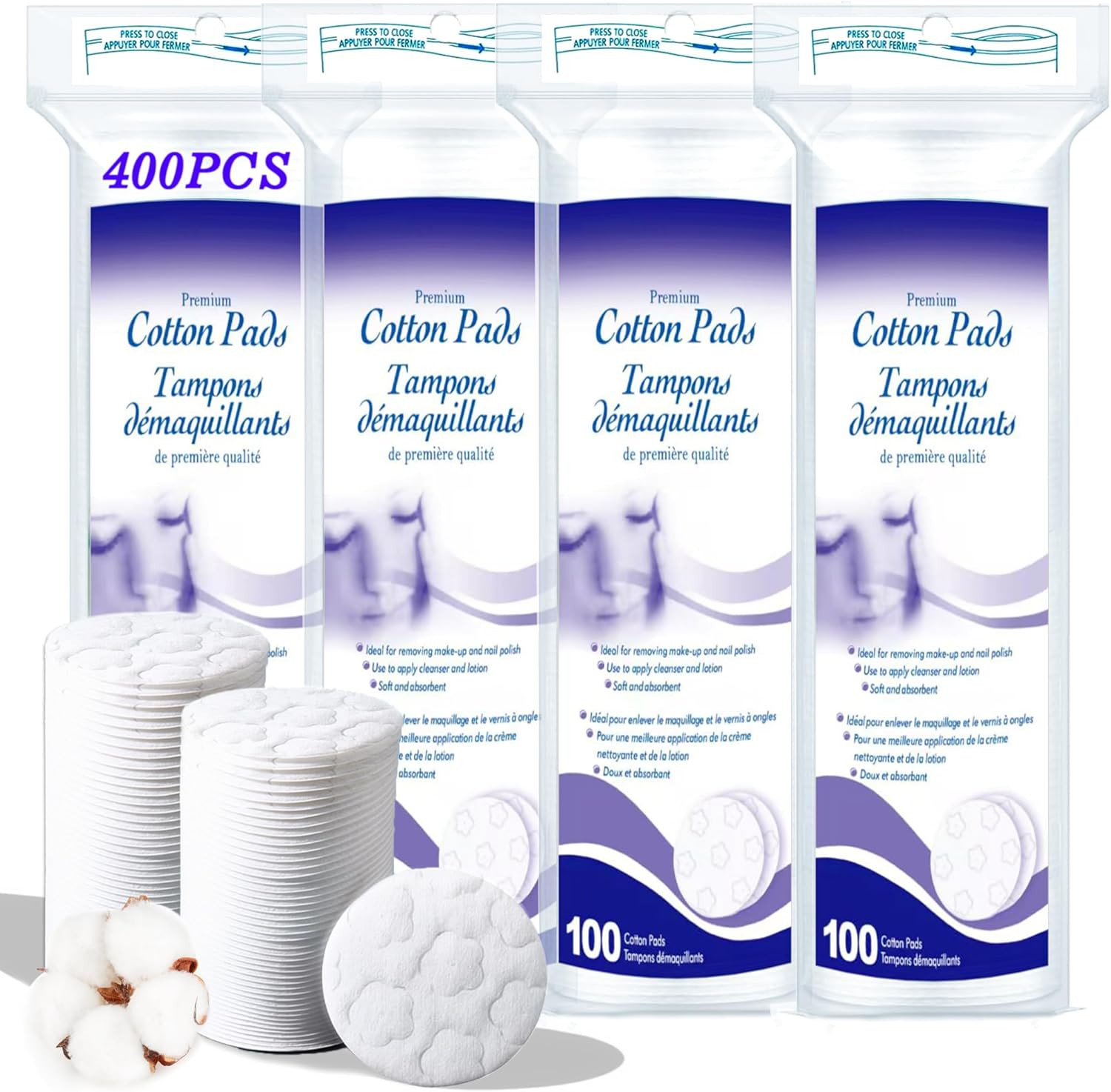 Premium Cotton Pads for Face, 400 Count round Makeup Remover Pads, 100% Pure & N