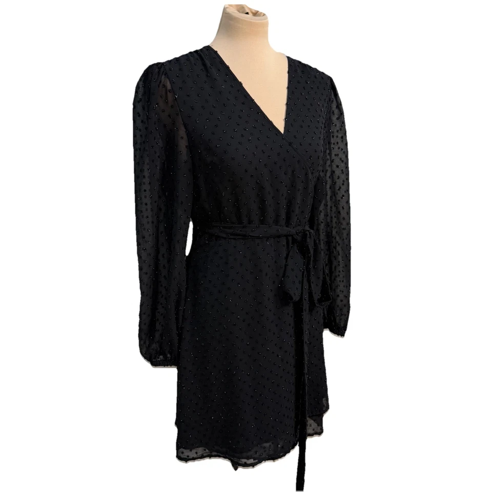 Michael Kors Swiss Dot Wrap Dress Black Sheer Long Sleeve Belted XL Elegant - Image 2 of 4