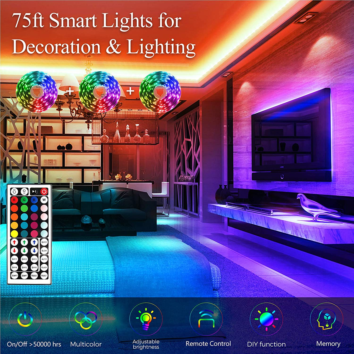 75Ft LED Lights for Bedroom, RGB LED Strip Lights for Living Room, Party  Decor w