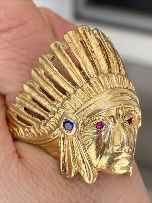 Vintage 14K Yellow Gold Native American Indian Chief Ring with