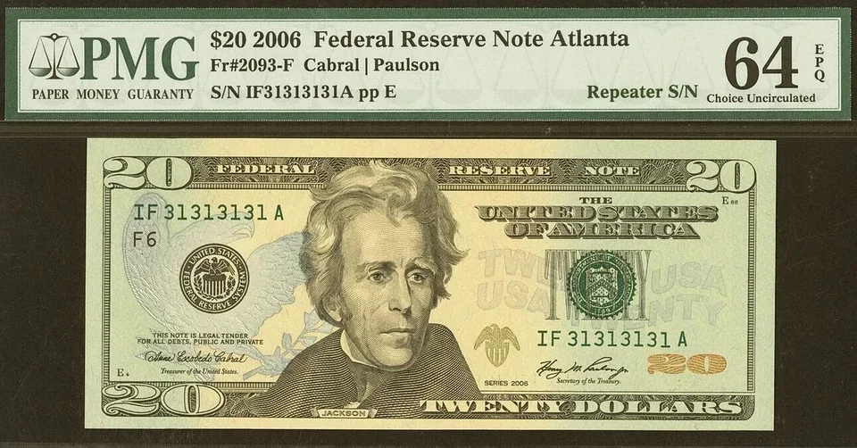 2006 $20 Federal Reserve Note PMG 64EPQ Birthday Repeater Serial Number 31313131 - Image 2 of 3