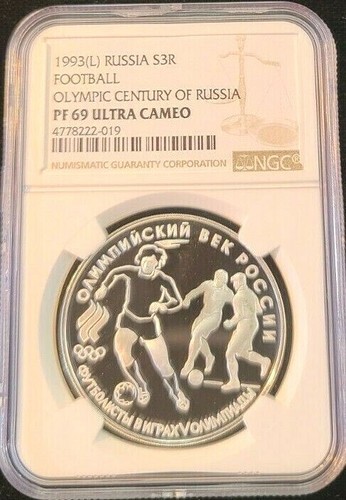 1993 RUSSIA SILVER 3 ROUBLES S3R FOOTBALL OLYMPIC CENTURY NGC PF 69 ULTRA CAMEO - Picture 3 of 3