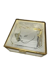 Vintage Cat Trinket Box Brass Etched Glass Art Deco Revival Crowning Touch