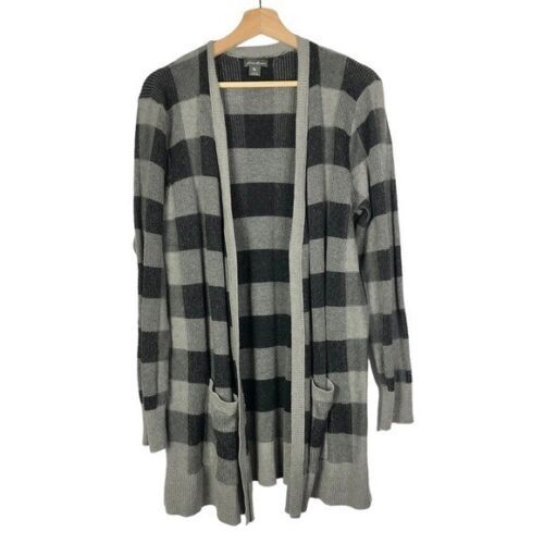 Eddie Bauer Gray & Black Square Plaid Longline Cardigan Sweater L