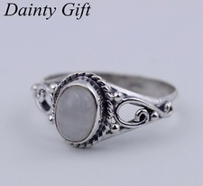 Women Girl sterling silver Nature Oval White Quartz Crystal Stone Ring Size 8