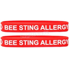 2 (two) BEE STING ALLERGY Wristbands - Red Medical Alert Silicone Bracelets