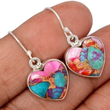 Heart - Composite Kingman Pink Dahlia Turquoise 925 Silver Earrings CE48829