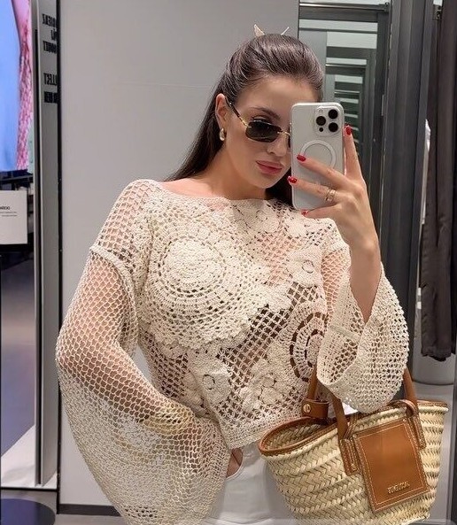Zara Long Sleeve Crochet Top White Ecru Cream Beige Size M