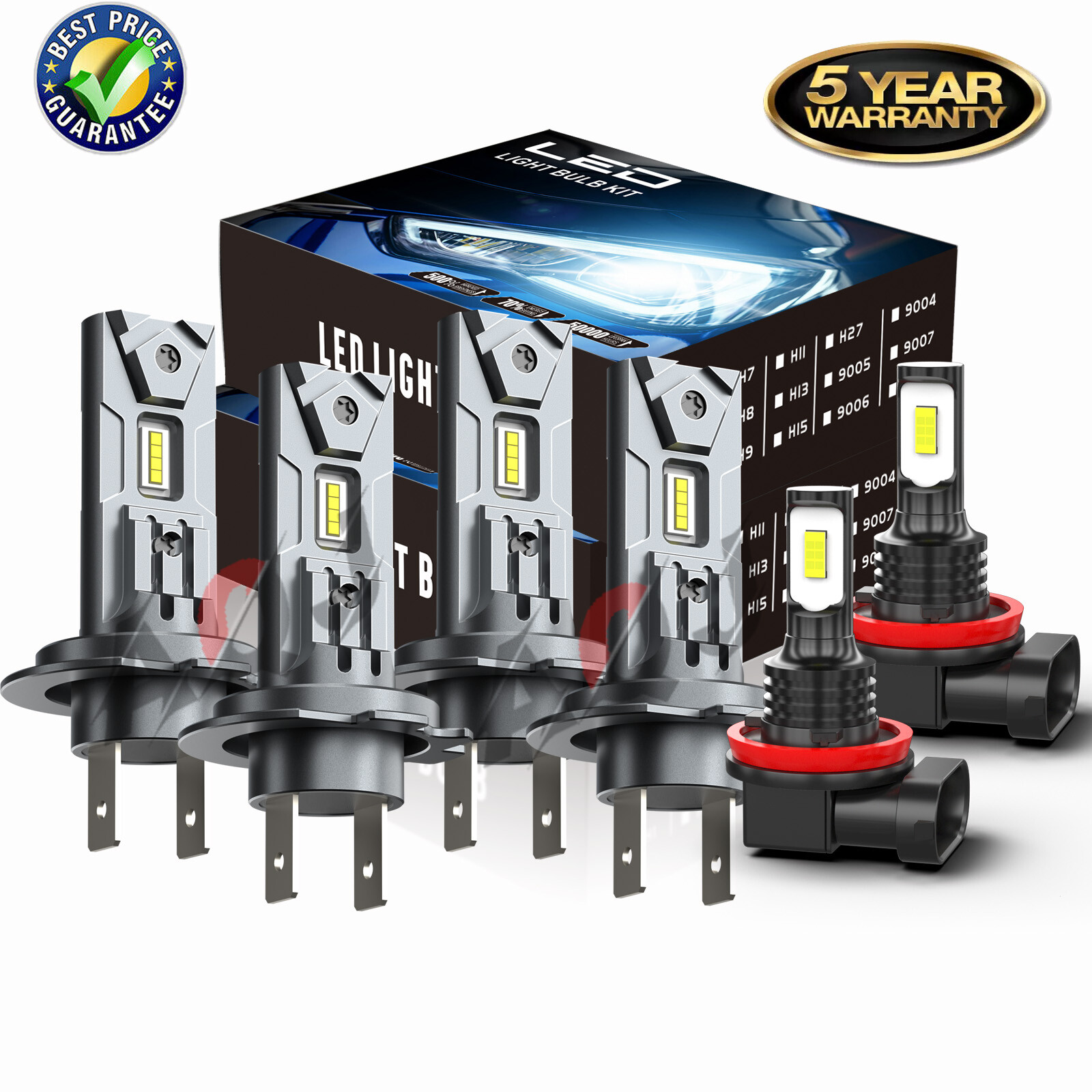 6000K AQJ H7 H11 LED Headlight and Fog Light Bulbs Combo Kit