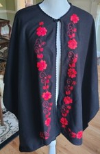 Vtg 60s 70s Red Black floral pink /Wool Blanket Boho Poncho Cape Coat OS