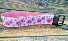 Key Fob Chain Holder Wrist Lanyard Pink White Peonies Butterfly Spring Chic