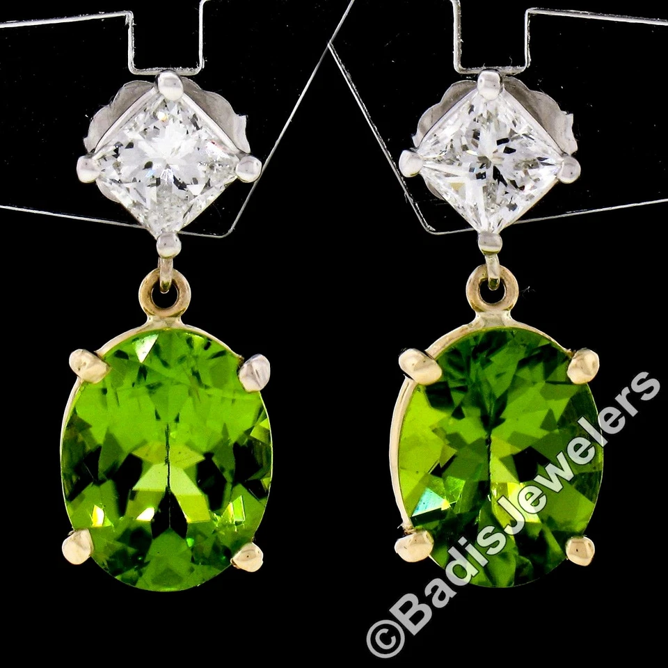 14K TT Gold 5.70ctw Oval Peridot Princess Cut Diamond Dangle Drop Earrings - Image 2 of 4