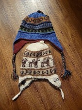 2 PERUVIAN ALPACA CHILD WINTER BEANIE HATS Blue Brown Orange Green Tassles