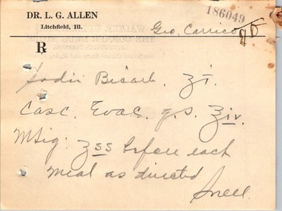 1918-19 Corner Drug Store Litchfield IL Prescription Script Flu Pandemic Era