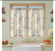 jinchan Half Window Curtains Small Drapes Rustic Floral, Black on beige 26x36"L