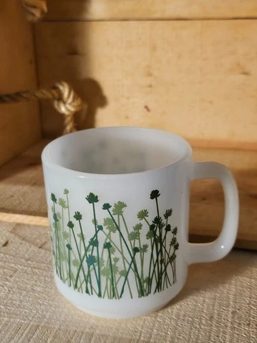 Vintage Glasbake Milk Glass Green Flowers Mug