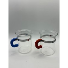 Vtg Bodum Bistro Glass Coffee Mugs Set of 2 Red Blue Handles Stainless Steel