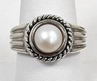 Vintage Signed NV Sterling Silver Round Mabe Pearl Ring Twisted Rope Design Sz 8