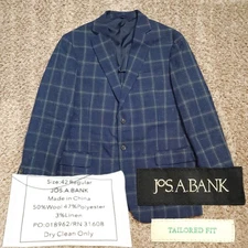 Jos A Bank Tailored Fit Mens 42R Wool Polyester Linen Blue Windowpane Sport Coat