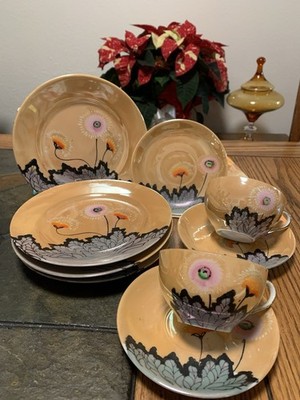 9pcs Lusterware Japan Peach Plates x4, Cups x2, Saucers x3 Dandelions & Floral