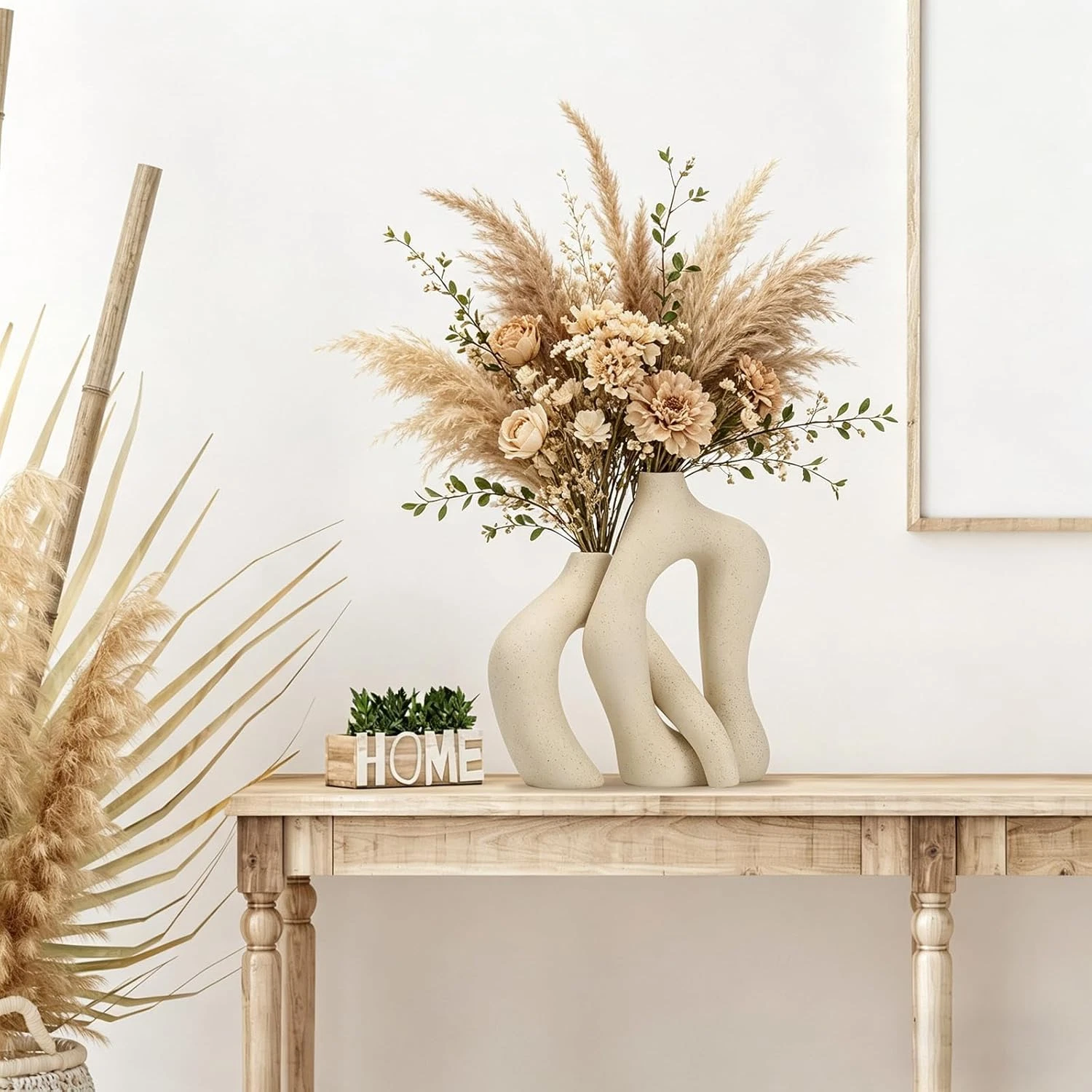 Set of 2 White Speckled Ceramic Vases - Modular Intertwined Sculptural Vase for